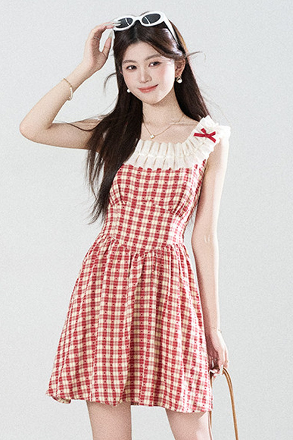 Red Plaid Sleeveless Ruffle Dress