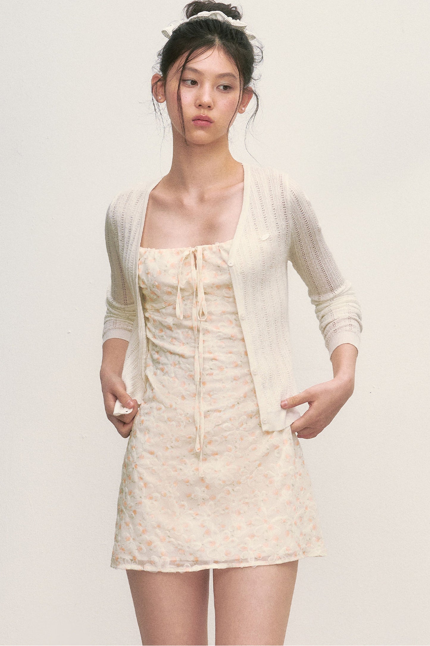 Floral Camisole Dress and Knit Cardigan Set-Up