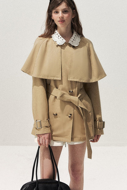 Detachable Cape Crochet Collar Trench Coat