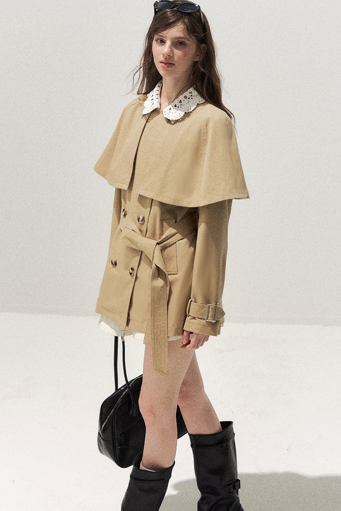 Detachable Cape Crochet Collar Trench Coat