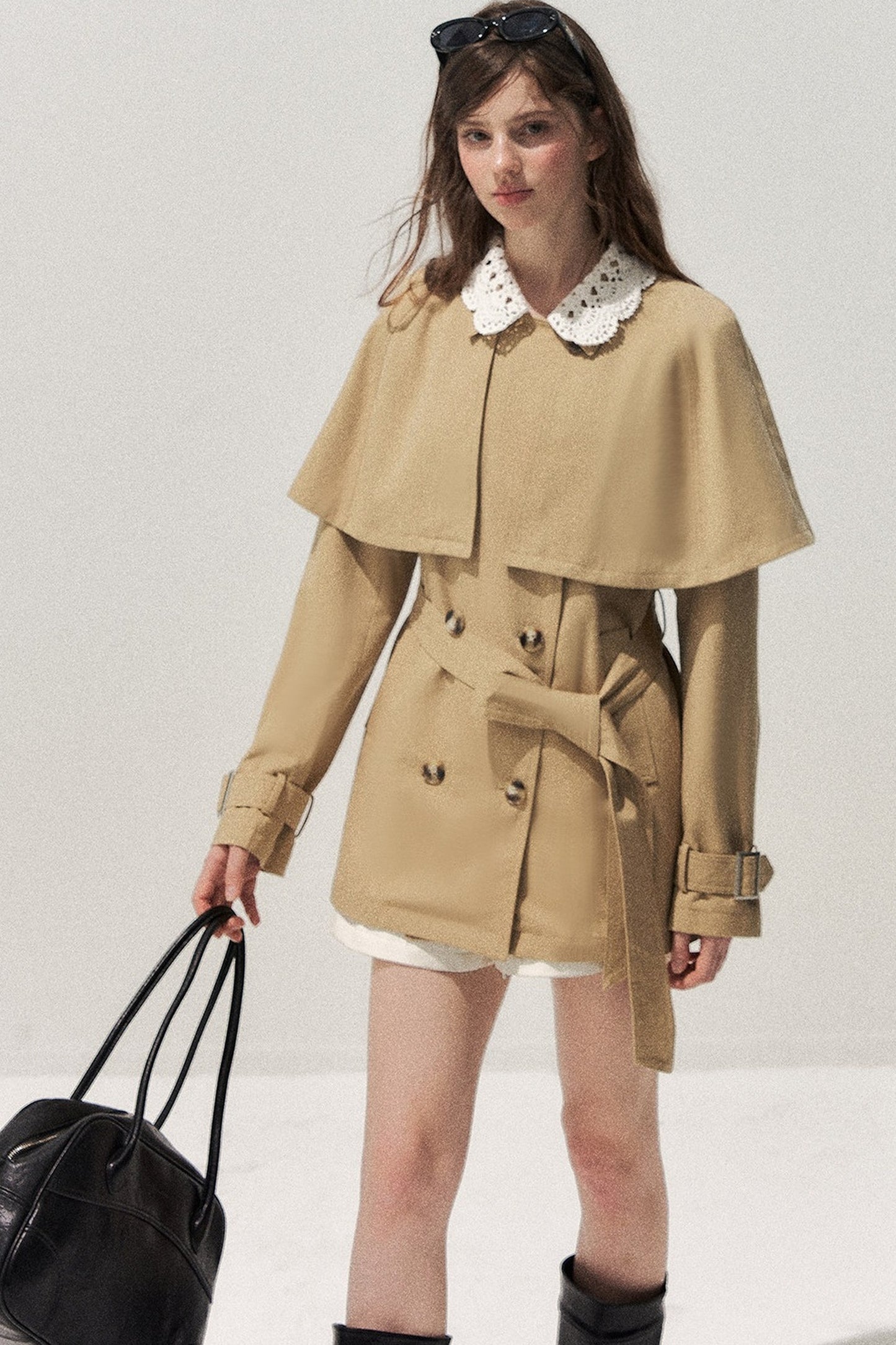 Detachable Cape Crochet Collar Trench Coat