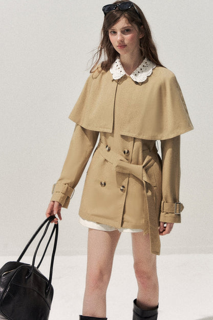 Detachable Cape Crochet Collar Trench Coat