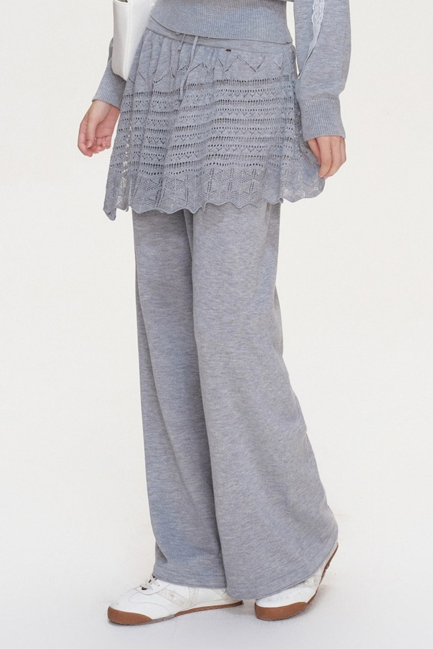 Wool Blend Off-Shoulder Lace Bow Knit Sweater and Pants Set-Up