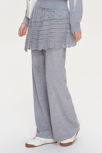Wool Blend Off-Shoulder Lace Bow Knit Sweater and Pants Set-Up