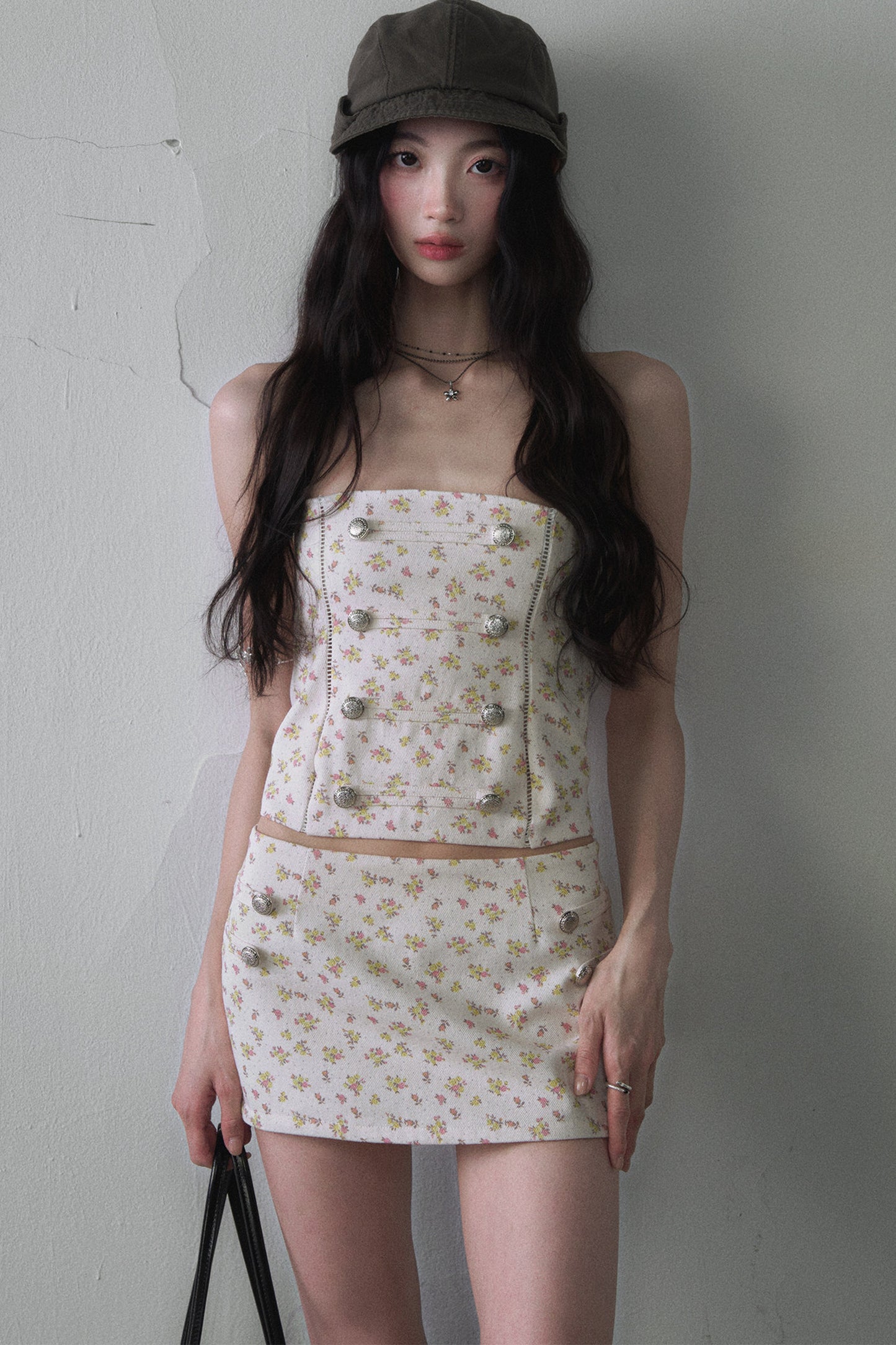 Floral Metal Buckle Tube Top and Hip-Hugging Mini Skirt Set-Up