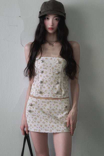 Floral Metal Buckle Tube Top and Hip-Hugging Mini Skirt Set-Up