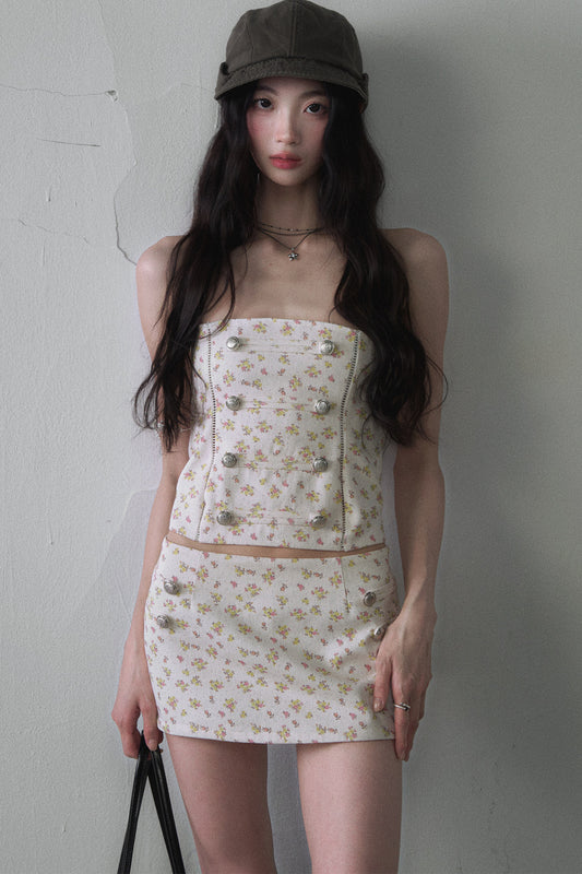 Floral Metal Buckle Tube Top and Hip-Hugging Mini Skirt Set-Up
