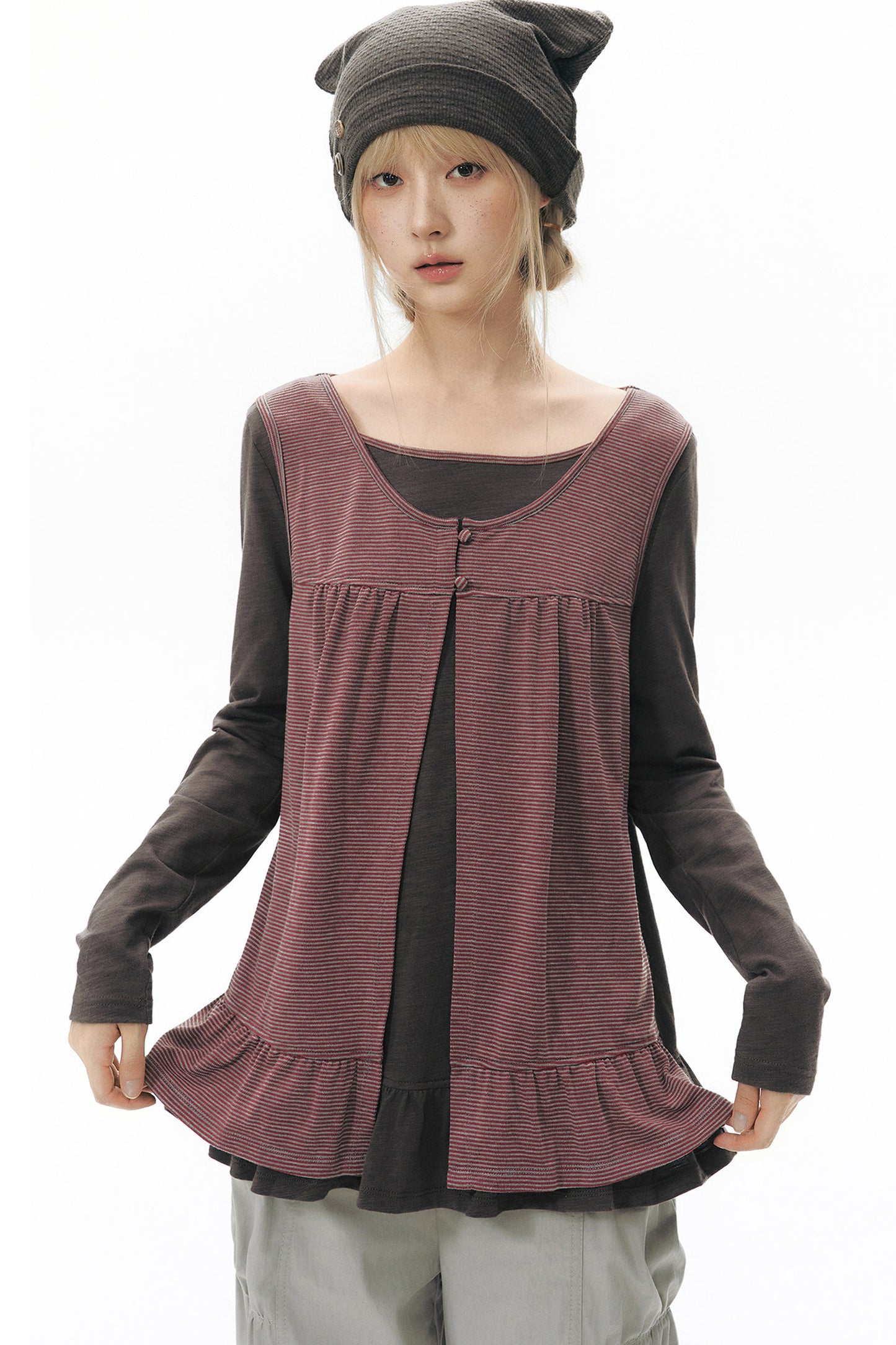 Striped Knit Patchwork Long-Sleeve Top