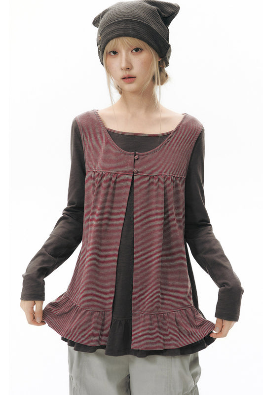 Striped Knit Patchwork Long-Sleeve Top