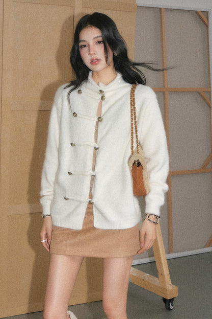 Off-White Sweater Jacket and Brown Belted Skirt Set-Up