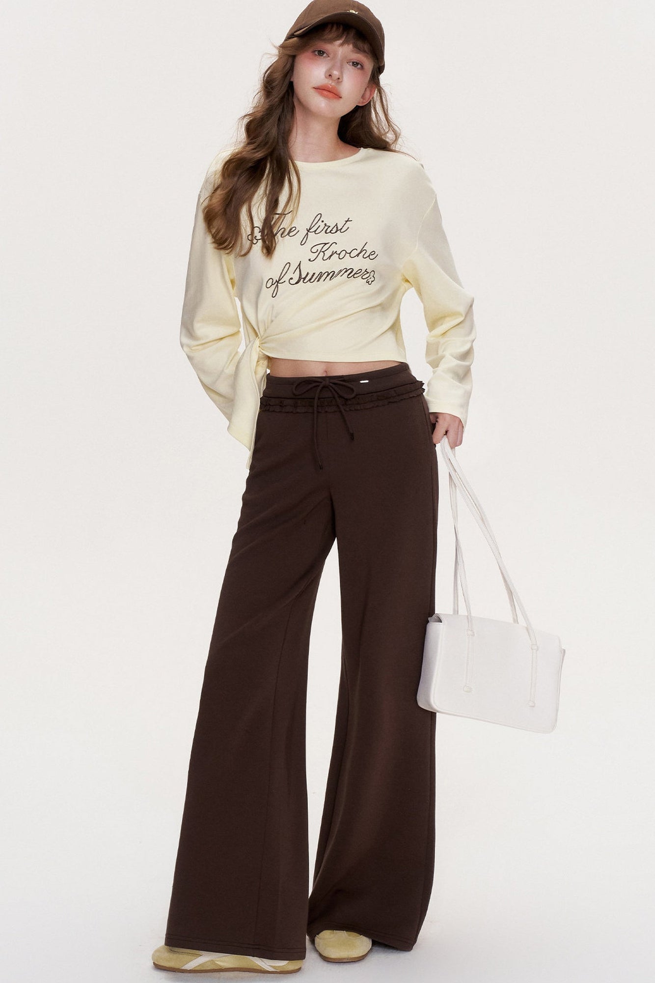 Ruffle Elastic Waist Drawstring Straight Pants