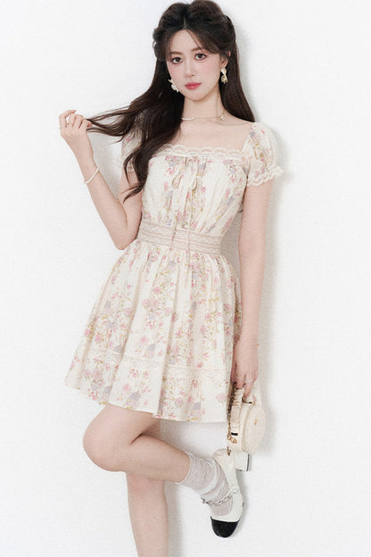 A-Line Puff Sleeve Square Neck Floral Dress