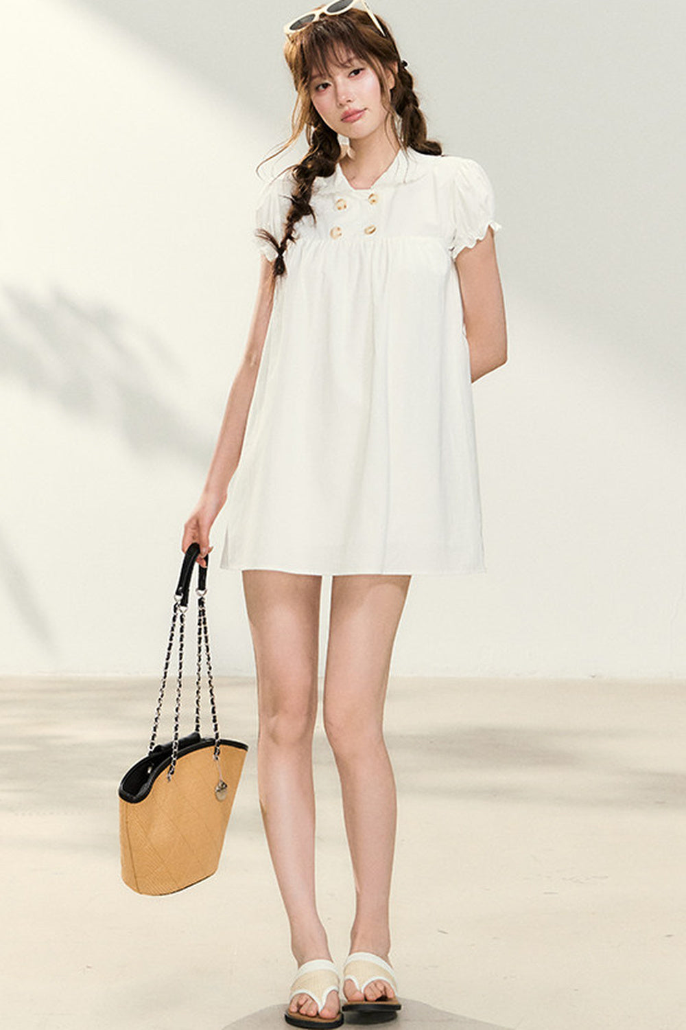 Double-Breasted Puff-Sleeve Peter Pan Collar Dress