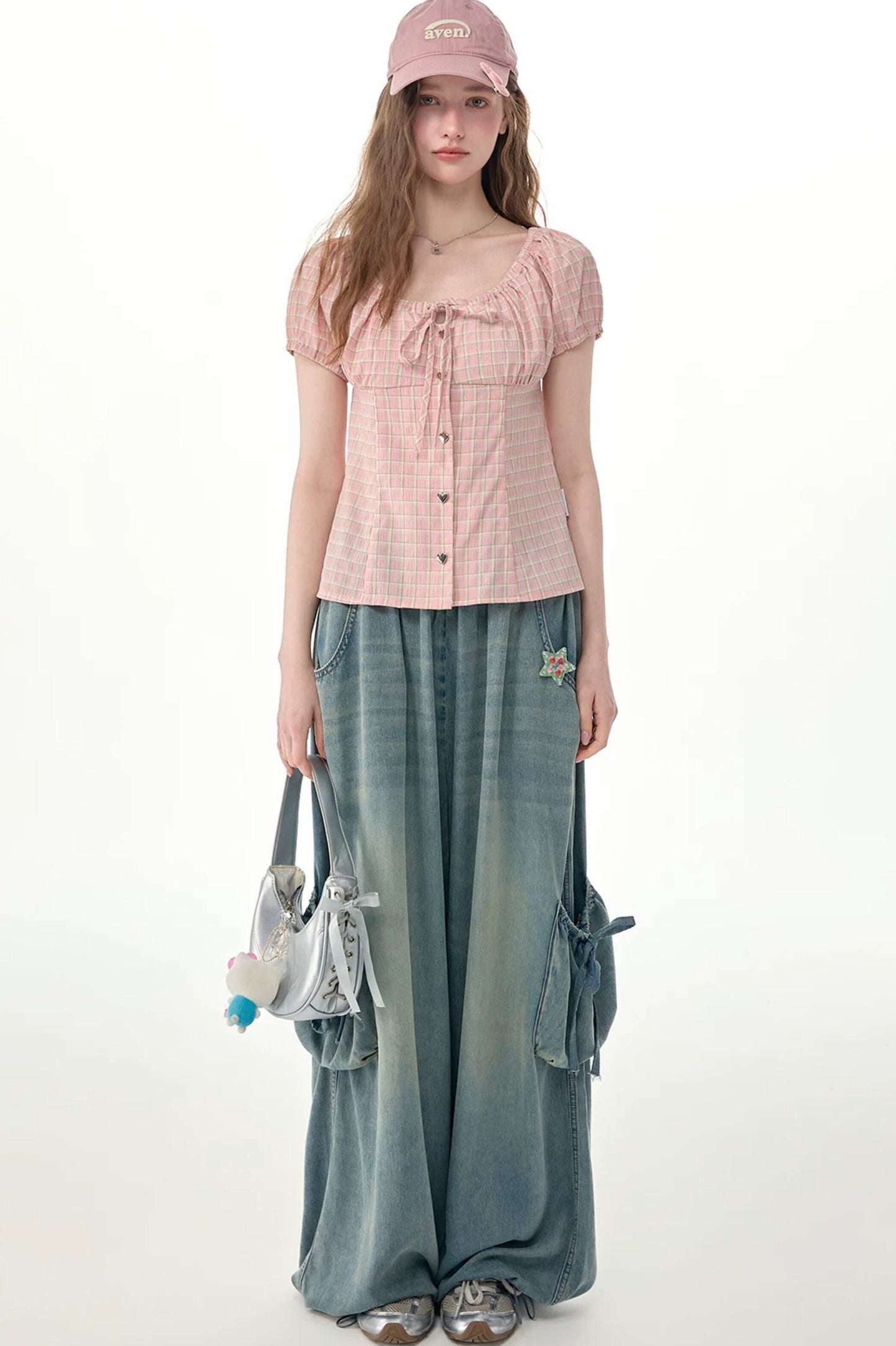 Green Plaid Puff Sleeve Button Front Top