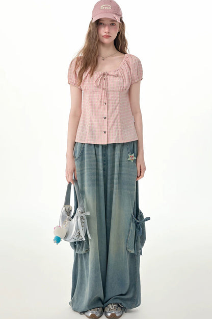 Green Plaid Puff Sleeve Button Front Top