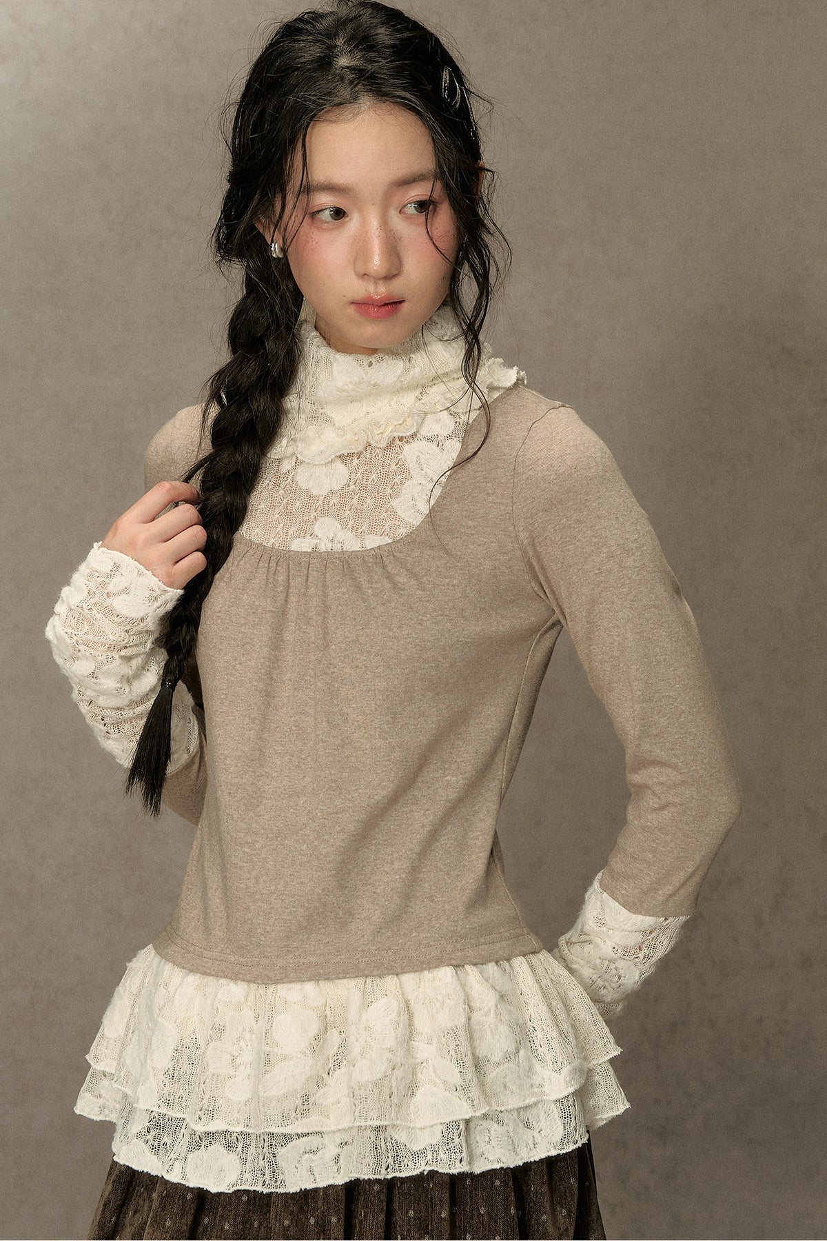 High-Neck Lace Edging Base Layer Top