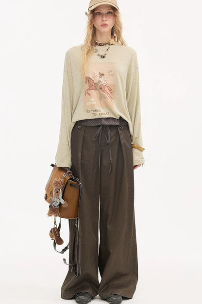 Pantalon droit à rayures et empiècements