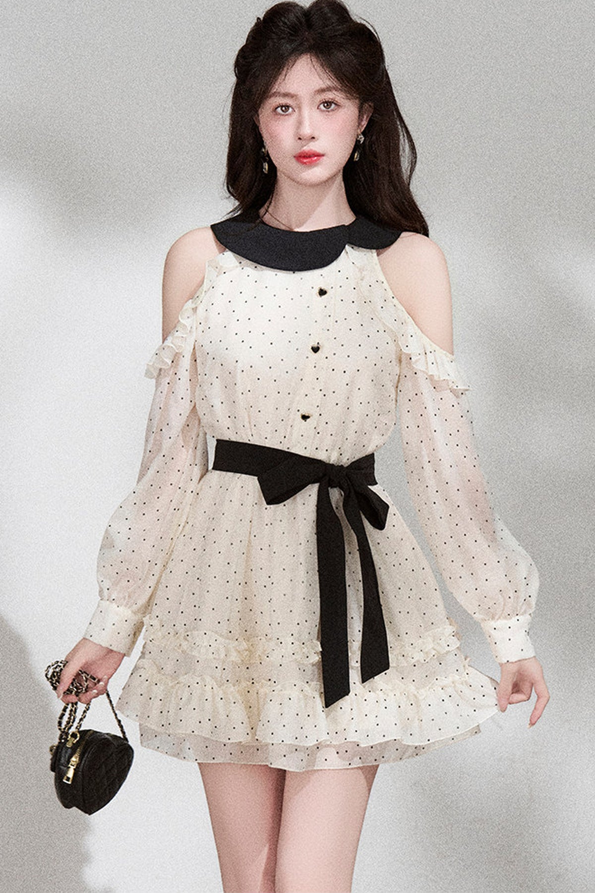 Off-Shoulder Polka Dot Chiffon Dress