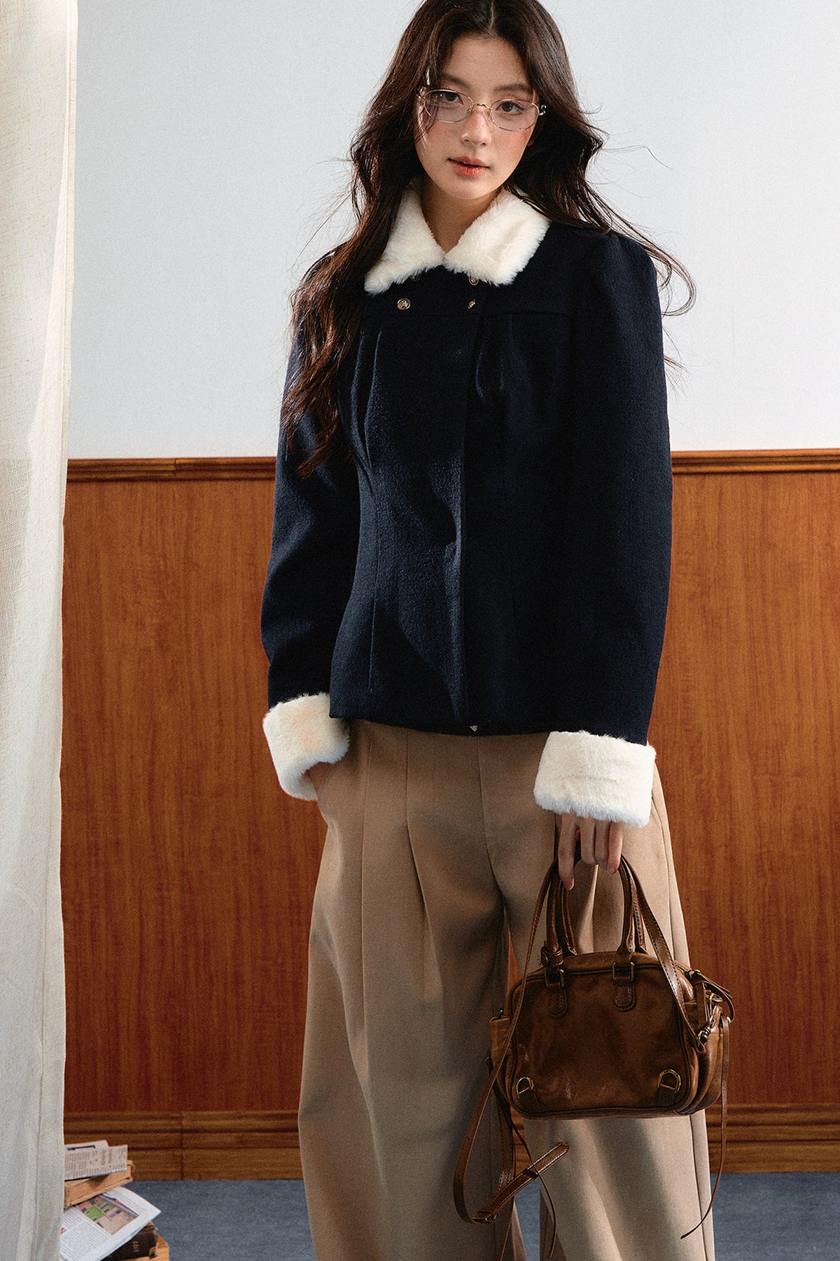 Puff Shoulder Faux Mink Fur Lapel Jacket
