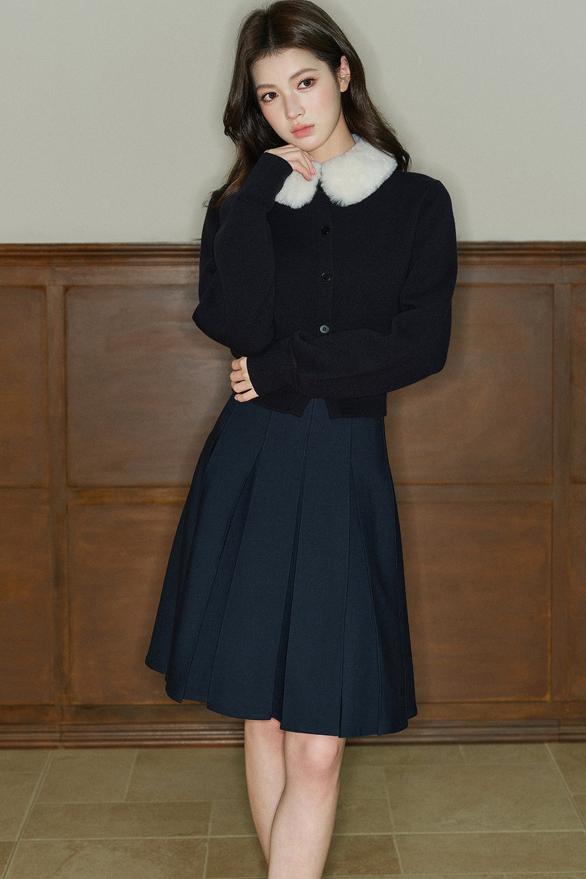 Cardigan en maille à col en fourrure contrastante