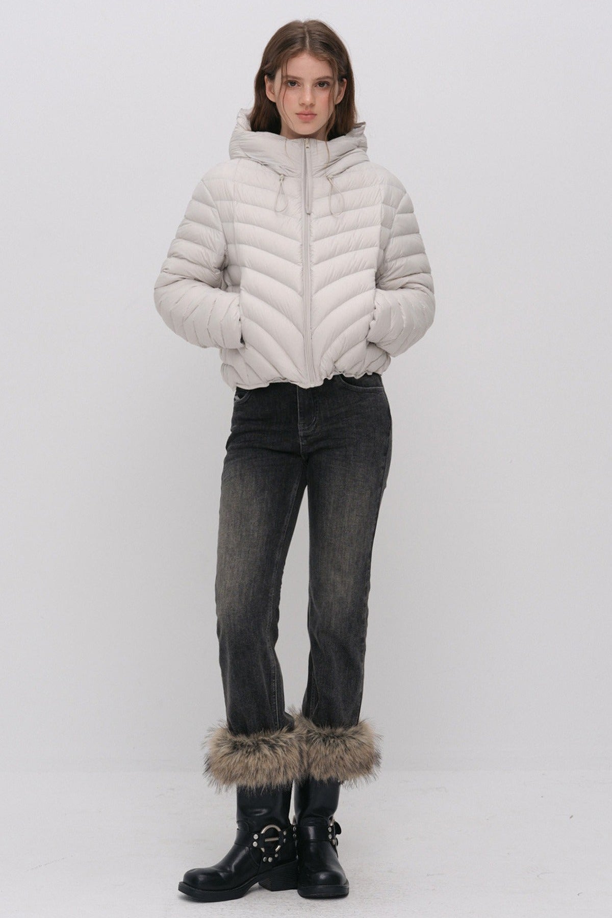 3D Quilted Drawstring Hooded Down Jacket