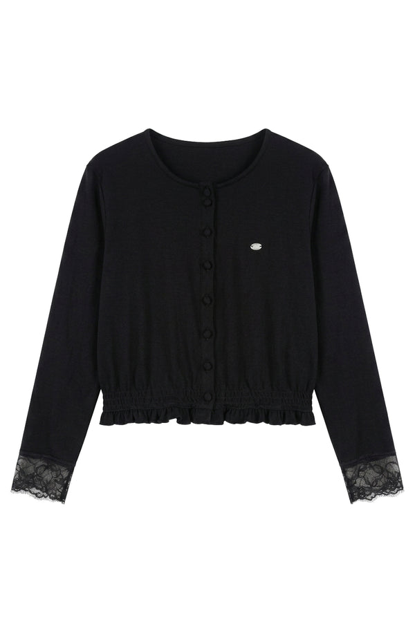 Lace Spliced Puff Shorts Jumpsuit With Knit Cardigan