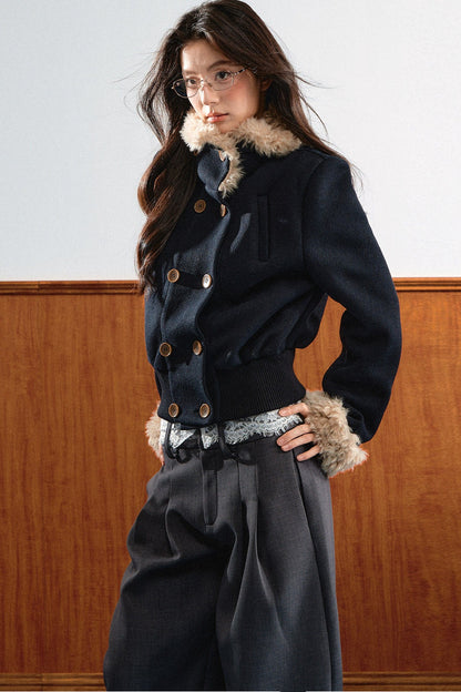 Double-Breasted Fur Trim Jacket