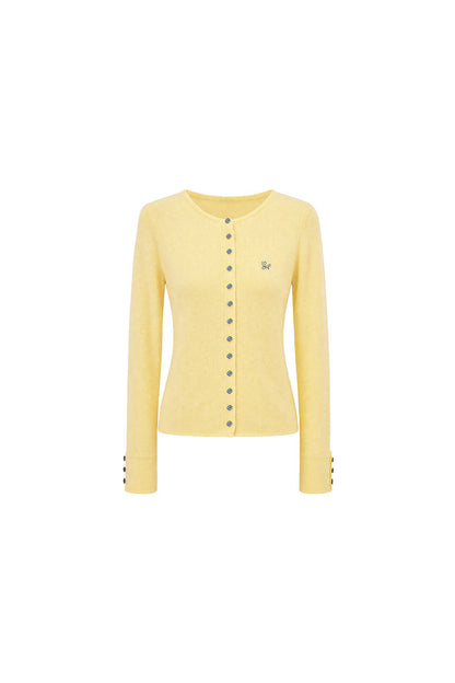 Yellow Long-Sleeve Knit Cardigan Set with Camisole and Pants Set-Up