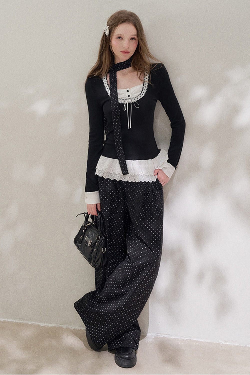 High-Waisted Polka Dot Wide-Leg Pants