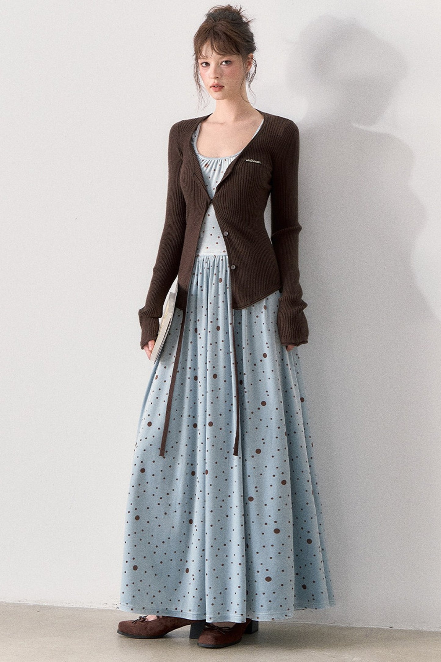 Slim Fit Polka Dot Dress and Knit Cardigan