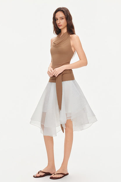 Asymmetrical Tie Waist Sheer Midi Skirt