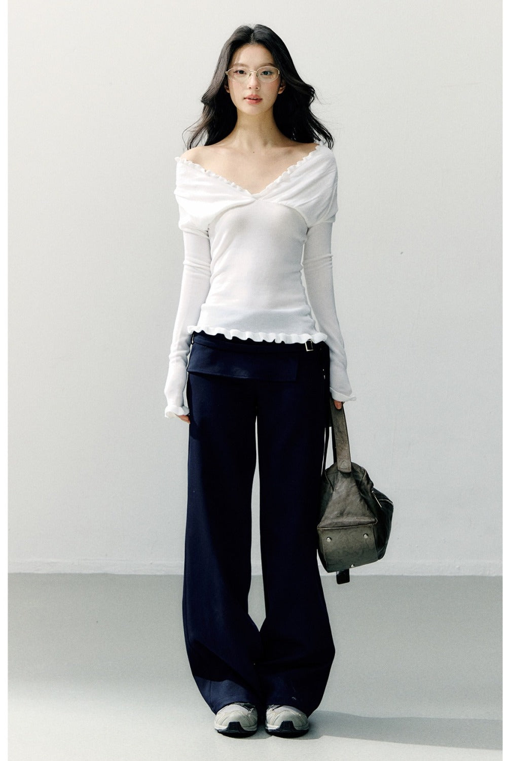 Ruffle-Trimmed Off-Shoulder Knit Top