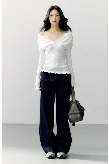Ruffle-Trimmed Off-Shoulder Knit Top