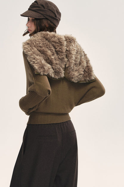 Detachable Navy Fur Collar Cable-Knit Cardigan