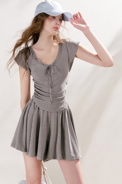 Lace Trim Tie-Up Top and High-Waisted Skirt Pants Set