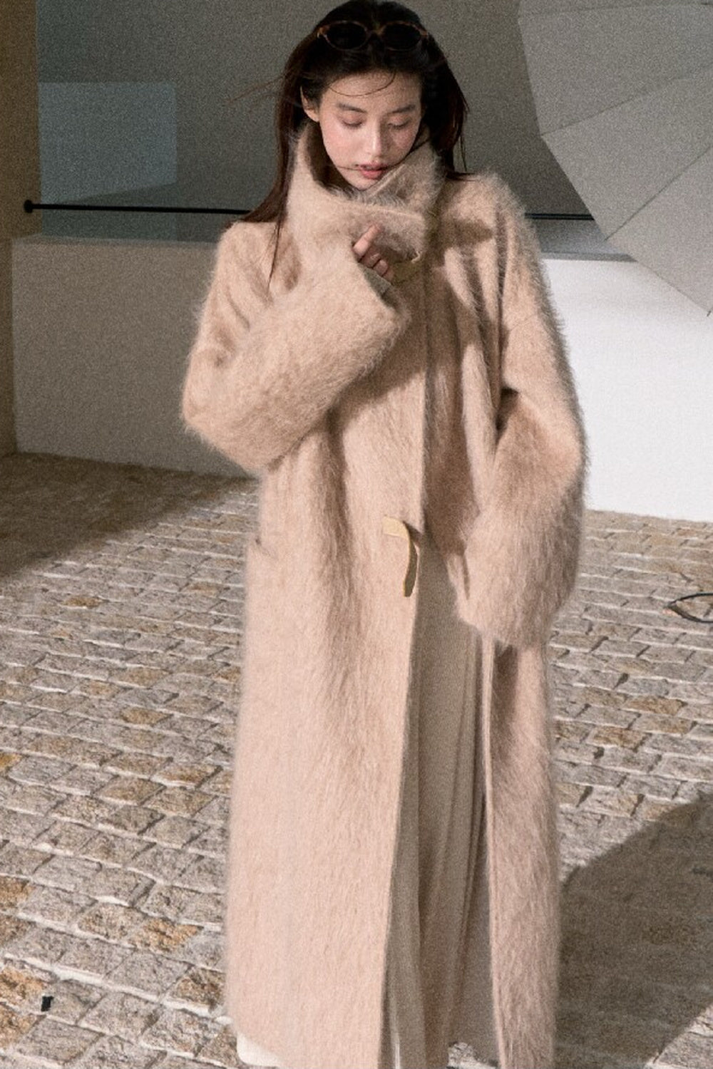 Brushed Cashmere Silk Funnel Collar Coat