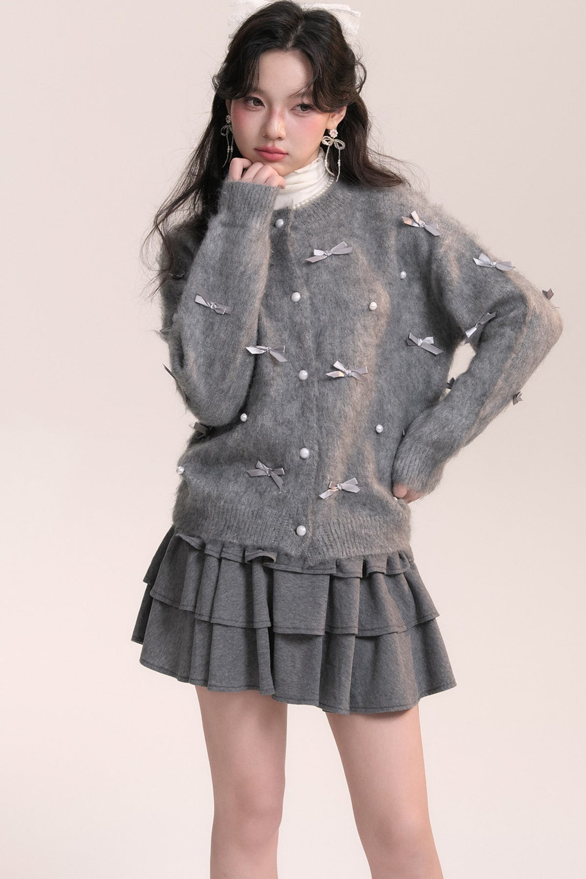Ballet Bow Knit Cardigan With Skirt Set
