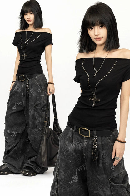 Top de verano negro con hombros descubiertos