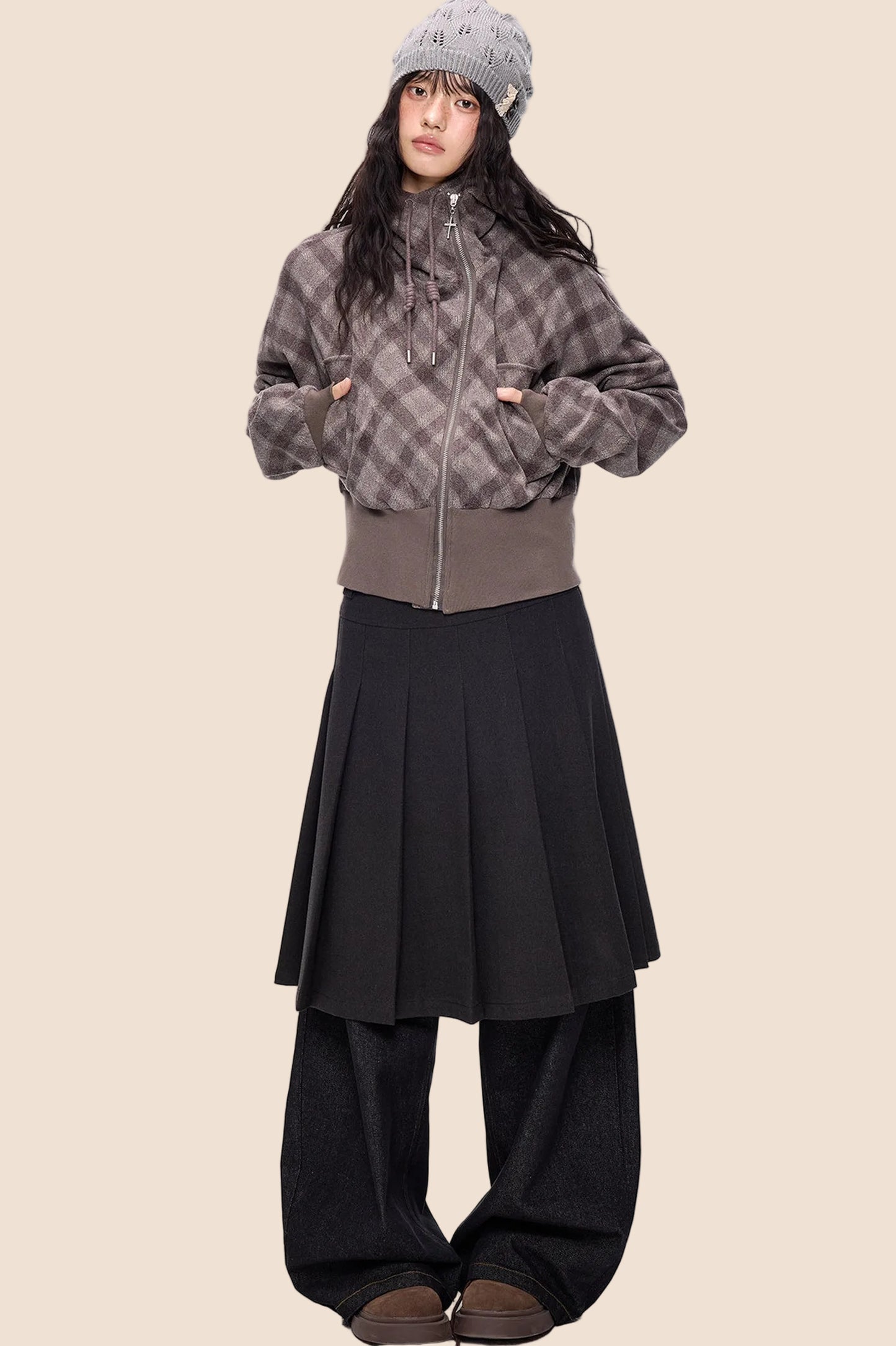 Plaid Patchwork Hem Hooded Jacket