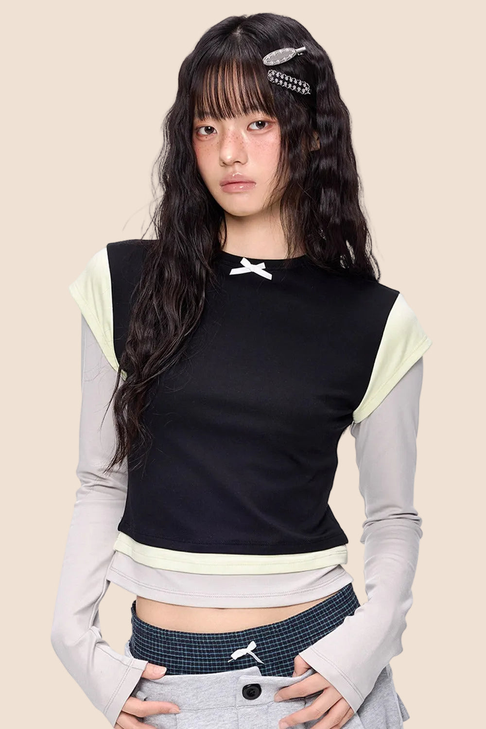 Color-Blocked Bow Long-Sleeve T-shirt