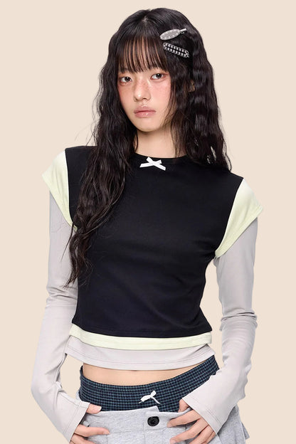 Color-Blocked Bow Long-Sleeve T-shirt