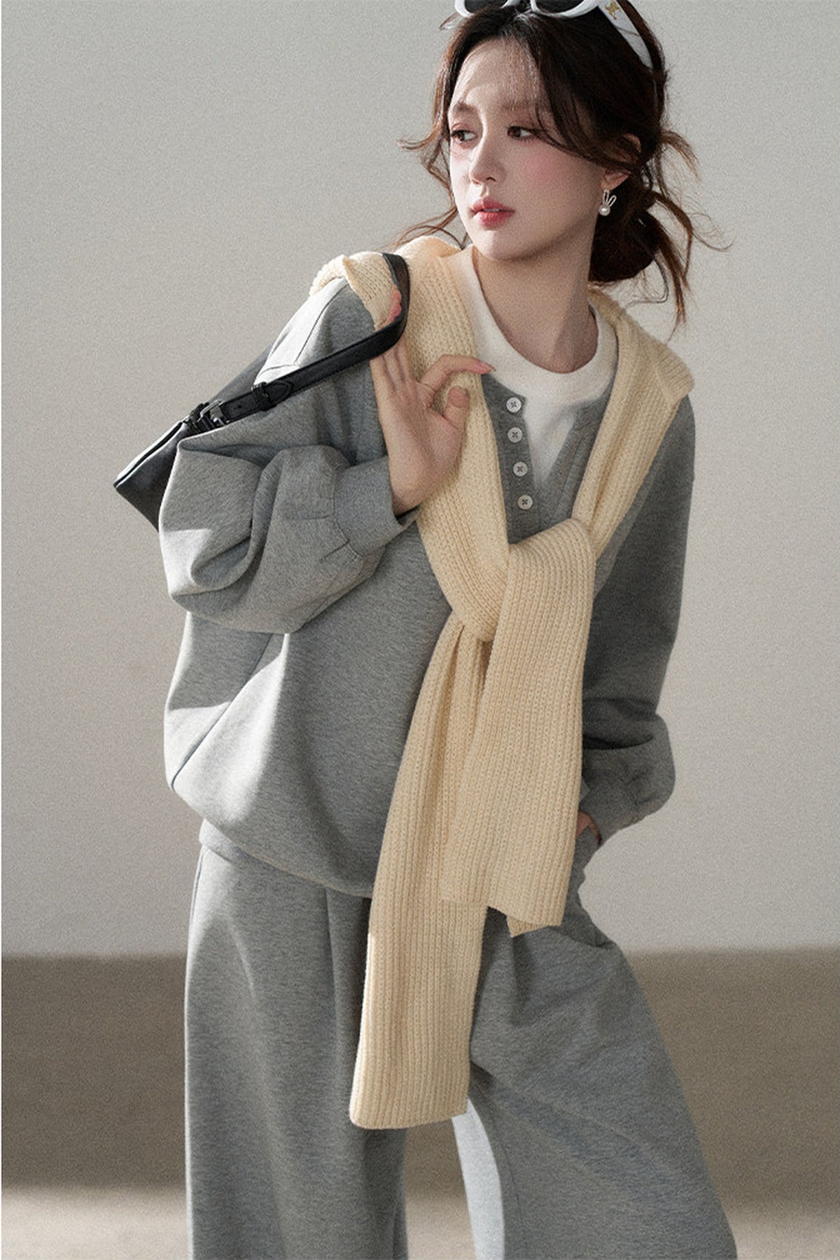 Hooded Shawl Sweatshirt and Wide-Leg Pants Set-Up