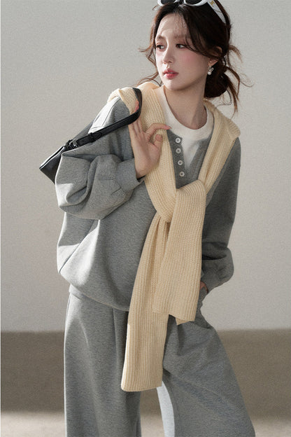 Hooded Shawl Sweatshirt and Wide-Leg Pants Set-Up