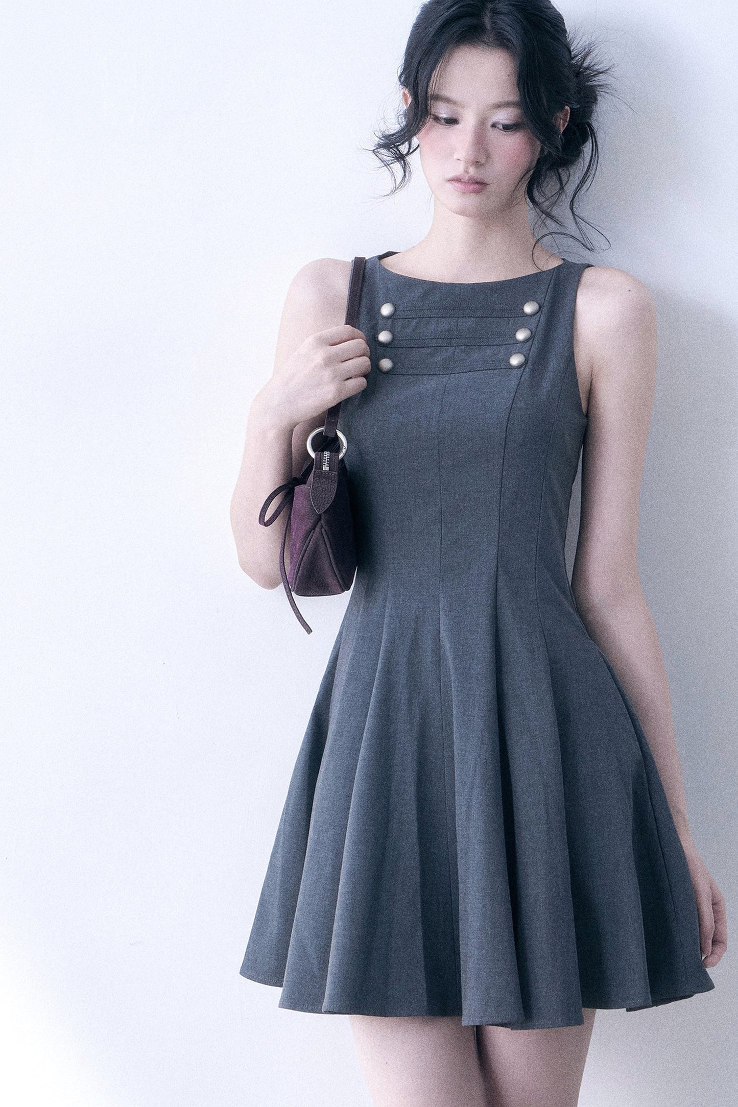 Decorative Button Sleeveless Flared Dress