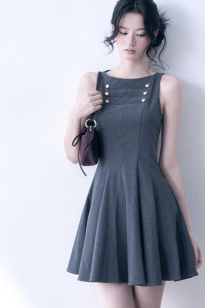 Decorative Button Sleeveless Flared Dress