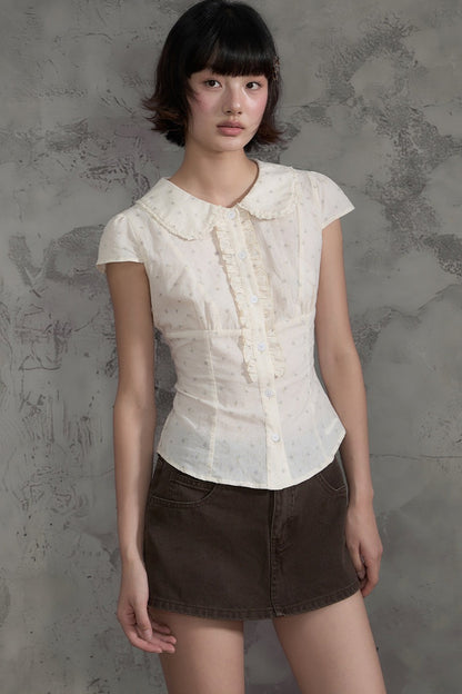Floral Ruffle Doll Collar Blouse and Skirt Set-Up
