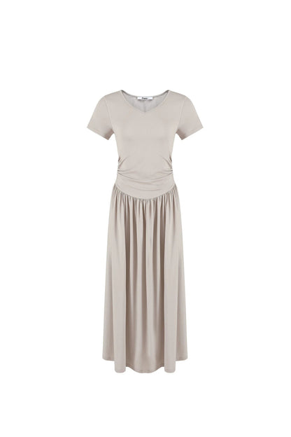 Pleated V-Neck Patchwork Dress