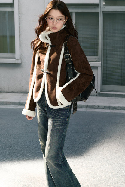 Brown Stand Collar Shearling Jacket