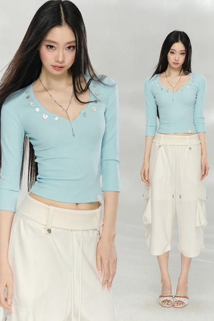 V-Neck Button Knit Top