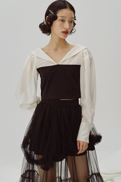 Black and White Color-Block Blouse